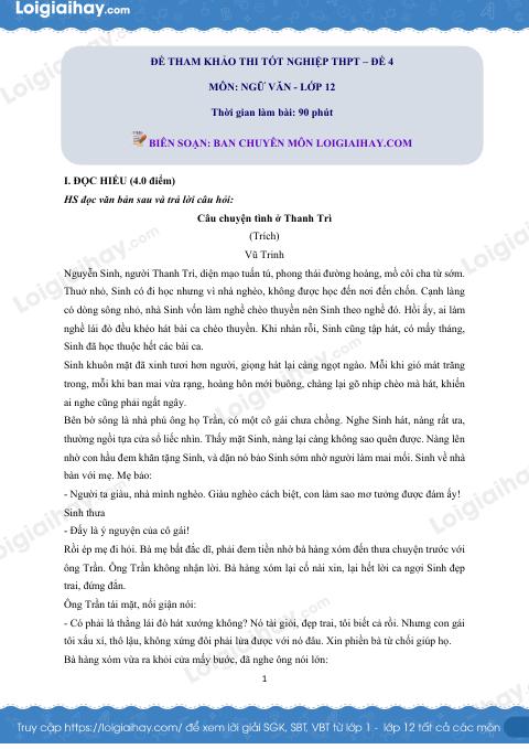 Đề tham khảo thi Văn THPT (Đề số 4) - có lời giải chi tiết